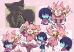  1girl 1other :3 :d ^_^ ahoge animal_ears bell bell_ear_ornament blue_hair blue_skin blush_stickers cat_ears cat_girl cat_tail closed_eyes colored_skin deltarune dress english_commentary expressionless fang footwear_bell gloves gold_bell hair_bell hair_ornament heart heart_locket heart_necklace heart_pendant highres holding_another's_wrist hug jewelry kiss kissing_forehead kris_(dark_world)_(deltarune) kris_(deltarune) locket mad_mew_mew magical_girl necklace nomu_poncha open_mouth other_with_female pendant pink_dress pink_frills pink_hair shaded_face short_hair smile tail utdr_(toby_fox) white_gloves 