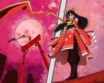  1girl absurdres aertlus alternate_costume ascot black_pants bow brown_hair chinese_commentary commentary_request crossed_arms detached_sleeves frilled_bow frilled_hair_tubes frills full_moon hair_bow hair_tubes hakurei_reimu highres long_hair looking_at_viewer mask moon mouth_mask multiple_views ninja ninja_slayer pants red_bow red_eyes red_moon red_scarf red_skirt red_sky ribbon-trimmed_sleeves ribbon_trim scarf skirt sky standing_on_torii torii touhou yellow_ascot 