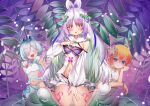  >_< 3girls absurdres bare_shoulders bloomers blush breasts chest_tattoo closed_eyes commentary_request detached_sleeves duel_monster evil_smile flower hair_between_eyes hand_on_own_cheek hand_on_own_face highres kebol leaf leaf_on_head leg_tattoo long_hair looking_at_viewer medium_breasts midriff monster_girl multiple_girls navel off_shoulder open_mouth orange_hair parted_lips plant plant_girl purple_eyes purple_flower short_hair sitting small_breasts smile soles solo tattoo teeth traptrix_arachnocampa traptrix_cularia traptrix_pudica upper_teeth_only very_long_hair wariza white_flower white_hair wrist_cuffs yu-gi-oh! 