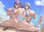  5girls absurdres aether_foundation_employee alcohol ass back beach beer beer_bottle bikini black_bikini blonde_hair blue_bikini blue_eyes blue_hair body_freckles bottle brand_name_imitation breasts brown_eyes calmgreentori commentary covered_nipples cup dark-skinned_female dark_skin dress dynamic_pose english_commentary food freckles green_eyes hair_ornament hair_over_face half-closed_eyes hat highres holding holding_cup holding_food huge_ass huge_breasts jewelry lana's_mother_(pokemon) lana_(pokemon) light_blush long_hair looking_at_another looking_at_viewer looking_back lusamine_(pokemon) mature_female mole mole_on_ass multiple_girls naughty_face one-piece_swimsuit open_mouth pink-framed_eyewear pokemon pokemon_(anime) pokemon_the_series:_sun_&amp;_moon purple_bikini purple_hair short_hair sitting swimsuit thick_thighs thighs very_long_hair wariza white_bikini white_dress white_hat wicke_(pokemon) wide_hips xurkitree 