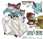  1girl absurdres alternate_color animal_ears apron arrow_(symbol) artist_name back_bow bell black_shoes blue_hair bodypaint bow bowtie braid buttons cat_ears cat_tail character_doll chinese_commentary chinese_text clenched_teeth coffee colored_eyelashes colored_skin commentary_request copyright_name cup dated disgust doll dress drink elbow_gloves english_commentary english_text facing_away fake_animal_ears fake_tail frilled_apron frilled_hairband frills full_body gloves grey_skin hair_between_eyes hair_over_one_eye hair_tie hairband hand_up high_heels highres holding holding_doll jingle_bell kirlia long_dress looking_at_viewer maid maid_apron medium_hair merchandise mixed-language_commentary mixed-language_text multiple_views neck_bell notice_lines one_eye_covered paintbrush partial_commentary paw_print photo_inset pokemon pokemon_(creature) red_bow red_bowtie red_hairband saucer shiny_pokemon shoes short_sleeves sidelocks signature single_braid slit_pupils spoon standing sweat tail teacup teeth translation_request white_apron white_gloves yellow_eyes yueryu_(taroyuer2) 