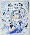  3girls 4ding artist_name black_dress black_gloves blue_hair blush braid braided_twintails buttons clenched_hand clenched_hands clenched_teeth closed_mouth commentary dazzling_game double-breasted dress gloves green_eyes grey_eyes grin hair_intakes hand_on_own_hip highres long_hair looking_at_viewer love_live! love_live!_superstar!! multiple_girls nib_pen_(medium) onitsuka_tomari open_hand orange_hair pen_(medium) photo_(medium) purple_hair shibuya_kanon shikishi signature smile teeth tomakanote_(love_live!) traditional_media translation_request wien_margarete 
