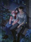  1boy 1girl black_hair black_pants black_shoes blue_flower blue_skirt breasts brown_hair cabin cardigan closed_eyes commentary couple english_commentary eren_yeager fireflies flower foot_out_of_frame from_above full_body green_eyes grey_shirt hair_between_eyes hetero highres holding_hands interlocked_fingers leaning_on_person long_skirt medium_breasts mikasa_ackerman pants parted_bangs pink_cardigan pleated_skirt red_scarf scarf shingeki_no_kyojin shirt shoes short_hair skirt twitter_username white_shirt yabi_oblivion 
