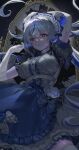  1girl absurdres aokumo_rin apron belt belt_buckle blue_apron blue_bow blue_streaks bow bow_apron breasts bright_pupils broken_mirror buckle censored character_name cloud_hair_ornament commentary_request cowboy_shot dress elbow_gloves floating_hair frilled_dress frills gloves grey_belt grey_bow grey_dress grey_hair hair_intakes hair_ornament hands_up highres junggwa6 korean_commentary large_breasts long_hair looking_at_viewer maid maid_apron maid_headdress mirror multicolored_hair parted_lips pink_eyes polka_dot polka_dot_bow short_sleeves solo standing stellive streaked_hair very_long_hair virtual_youtuber waist_apron white_gloves white_pupils 