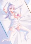  1girl absurdres azur_lane bed blush braid breasts closed_mouth commentary_request covered_nipples dress flower garter_belt garter_straps gloves hair_flower hair_ornament hat highres id_card indoors kaidou_nora- lanyard large_breasts long_hair looking_at_viewer lying multicolored_hair nurse nurse_cap on_back open_clothes open_dress panties pink_eyes pink_hair plymouth_(an_angelic_physical)_(azur_lane) plymouth_(azur_lane) short_sleeves smile solo streaked_hair thighhighs thighs underwear white_dress white_garter_belt white_garter_straps white_gloves white_hat white_panties white_thighhighs winged_hat 