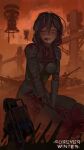  1girl 3boys absurdres armor artillery backpack bag black_hair bleeding blood blood_on_face bridge cyborg drone faux_traditional_media fog highres looking_at_another medium_hair mother_courage_(the_forever_winter) multiple_boys on_ground orange_sky rlsvd shoulder_armor sitting sky the_forever_winter yellow_eyes 