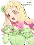  1girl birthday blonde_hair blush braid collarbone commentary dated dress english_text gradient_hair green_dress happy_birthday highres kyaku_tasu long_hair looking_at_viewer love_live! love_live!_superstar!! multicolored_hair off-shoulder_dress off_shoulder onitsuka_natsumi pink_eyes pink_hair signature solo twin_braids upper_body watermark wavy_hair white_background 