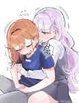  2girls 4ding blue_shirt blush clenched_teeth commentary dress flying_sweatdrops green_eyes grey_dress grey_pants highres hug hug_from_behind long_hair long_sleeves love_live! love_live!_superstar!! multiple_girls no_jacket nose_blush open_mouth orange_hair pants pinafore_dress purple_hair school_uniform shibuya_kanon shirt short_dress short_sleeves signature simple_background sleeveless sleeveless_dress t-shirt teeth twitter_username very_long_hair wavy_hair white_background white_shirt wien_margarete winter_uniform yuigaoka_school_uniform yuri 