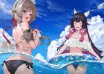  2girls alternate_costume ass ayul_(ayulneri_92) back bare_shoulders bikini black_bikini black_hair blue_eyes blue_sky blush bow bow_bikini bow_choker breasts brown_hair choker closed_eyes closed_mouth cloud colored_inner_hair columbina_(genshin_impact) commentary_request criss-cross_halter day embarrassed eye_mask from_behind genshin_impact hair_up halterneck hand_on_own_chest highres holding holding_swim_ring innertube large_breasts long_hair long_sidelocks looking_at_another looking_at_viewer mask median_furrow medium_breasts mismatched_bikini multicolored_hair multiple_girls off-shoulder_bikini off_shoulder open_mouth outdoors partially_submerged pink_hair puffy_sleeves purple_hair sandrone_(genshin_impact) short_sleeves side-tie_bikini_bottom sidelocks sky smile stomach swim_ring swimsuit two-tone_hair very_long_hair water white_bikini white_bow white_choker white_headdress winding_key 
