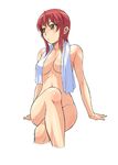  breasts crossed_legs kaibutsu_oujo kouda_tomohiro legs medium_breasts nude red_hair riza_wildman sitting solo sweat towel towel_around_neck water wet yellow_eyes 