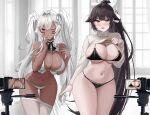  2girls absurdres alabama_(azur_lane) alabama_(through_your_lens_my_everything)_(azur_lane) azur_lane bikini black_bra black_hair black_panties blush bodypaint bra breasts clothes_lift commentary_request dark-skinned_female dark_skin facepaint facial_mark hair_ears highres large_breasts long_sleeves model multi-strapped_bikini_bottom multiple_girls native_american navel official_alternate_costume one_eye_closed open_mouth panties pantyhose photo_shoot red_eyes ribbed_sweater shin69 sweater sweater_lift swimsuit takao_(azur_lane) takao_(inner_cultivation)_(azur_lane) turtleneck turtleneck_sweater underwear white_bikini white_hair white_pantyhose white_sweater yellow_eyes 