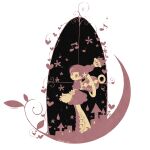 1girl beamed_eighth_notes boots braid brown_theme building closed_mouth commentary crescent crown dress eighth_note flower hair_flower hair_ornament heart leaf looking_up monochrome musical_note napple_tale on_crescent orange_lore poach_arsia puffy_short_sleeves puffy_sleeves short_sleeves signature single_braid smile solo tall_hair thigh_boots window 