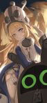  1girl 1other absurdres bangboo_(zenless_zone_zero) blonde_hair blue_jacket garter_straps gloves grey_hat grey_helmet hand_up hat helmet highres jacket large_hat leaning_forward long_hair looking_at_viewer mouchu norma_hollowell purple_eyes shako_cap smile thighhighs very_long_hair white_garter_straps white_gloves white_thighhighs zenless_zone_zero 