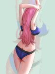  1girl absurdres arms_up back bare_shoulders blue_bra blue_panties blue_sports_bra bra breasts butt_crack commentary english_commentary highres long_hair looking_at_another medium_breasts original panties pink_hair schuze67 sports_bra standing stretching sweat sweatdrop thighs underwear wet wet_clothes wet_panties 