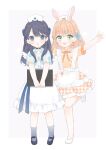  2girls absurdres aqua_eyes black_choker black_shoes blue_eyes blue_hair blue_ribbon blue_shrug choker clipboard commentary dress full_body grey_socks hair_ribbon hasu_no_sora_yumekawa_fashion hat heart heart_o-ring heart_ring_choker highres hinoshita_kaho holding holding_clipboard houndstooth looking_at_viewer love_live! love_live!_hasu_no_sora_jogakuin_school_idol_club mary_janes medium_dress medium_hair multiple_girls murano_sayaka nurse_cap o-ring o-ring_choker orange_dress ribbon shoes short_dress shrug_(clothing) simple_background socks umi_(nana_spring) virtual_youtuber white_background white_dress white_hat white_shoes 