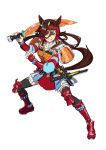  1girl animal_ears armor brown_hair brown_tail commentary_request cosplay ear_ornament headband holding holding_sword holding_weapon horse_ears horse_girl horse_tail japanese_armor kamen_rider kamen_rider_gaim kamen_rider_gaim_(cosplay) kamen_rider_gaim_(orange_arms) kamen_rider_gaim_(series) knee_armor leg_armor no_reason_(speedy_red_armor)_(umamusume) no_reason_(umamusume) red_headband red_skirt rider_belt samurai sengoku_driver skirt sword tail tenkey2022 umamusume weapon yellow_eyes 