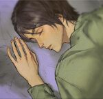  1boy brown_hair closed_eyes closed_mouth commentary eren_yeager fingernails green_shirt highres jonikontii long_sleeves lying male_focus on_stomach parted_bangs shingeki_no_kyojin shirt short_hair sketch sleeping solo untranslatable_commentary upper_body 