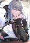  1girl black_bow black_cloak black_jacket blue_eyes bow braid breasts cellphone cloak collared_shirt commentary_request cropped_jacket fate/grand_order fate_(series) fur-trimmed_cloak fur_trim grey_hair hair_bow hane_yuki highres jacket large_breasts long_hair long_sleeves looking_at_viewer morgan_le_fay_(fate) morgan_le_fay_(fgo_fes._2026)_(fate) neck_ribbon phone ribbon shirt sidelocks solo very_long_hair white_shirt 
