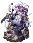  1girl arm_up artist_request bandages black_thighhighs blood blood_on_clothes blue_skin breasts bucket cleavage colored_skin dress gloves hat highres iv_stand jacket large_breasts legs_bound_apart long_hair lying monster_musume_td nurse_cap official_alternate_costume official_art on_back open_mouth panties pink_panties purple_hair red_eyes rotona_(monmusu_td) shield solo sword thighhighs torn_clothes torn_thighhighs underwear wavy_hair weapon white_background white_dress white_gloves white_jacket 