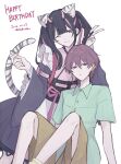  2boys ;) animal_ear_fluff animal_ears apron bell_oxsh belt_buckle black_dress black_hair black_sash black_sleeves blunt_ends bright_pupils brown_shorts buckle buttons center-flap_bangs chest_harness cho_kaguya-hime! closed_mouth collared_shirt commentary_request crossdressing crossdressing_(mtf) dated detached_sleeves dot_nose dress dual_persona ear_piercing earclip earrings english_text expressionless extra_ears finger_heart fingernails frilled_dress frilled_kimono frills gold_earrings green_shirt hands_up happy_birthday harness highres hoop_earrings horns japanese_clothes jewelry kimono kimono_dress knees_up komazawa_noi komazawa_noi_(real) komazawa_noi_(tsukuyomi) lace-trimmed_dress lace_trim long_fingernails long_hair long_sleeves looking_at_viewer male_focus medium_dress mismatched_earrings mullet multicolored_hair multiple_boys multiple_necklaces nail_polish necklace obi obijime one_eye_closed oni parted_lips piercing pink_horns pink_kimono pink_nails pink_ribbon pink_streaks purple_eyes purple_hair ribbed_shirt ribbon ring ring_necklace ring_piercing sash shirt short_hair short_sleeves shorts simple_background sitting sleeve_belt sleeveless sleeveless_kimono small_horns smile socks split_mouth streaked_hair striped_tail tail tiger_boy tiger_ears tiger_tail trap twintails twitter_username v very_short_hair waist_apron white_apron white_background white_pupils white_tail wide_sleeves wing_collar yellow_socks 