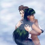  1boy 1girl back_bow bishoujo_senshi_sailor_moon black_sailor_collar black_skirt bow brown_hair brown_jacket closed_eyes comforting commentary crossover dark-skinned_female dark_skin doctor_who earrings elbow_gloves english_commentary erinptah fanfiction_available gloves green_hair hair_bun highres hug jacket jewelry long_hair long_sleeves magical_girl meiou_setsuna miniskirt pleated_skirt sailor_collar sailor_pluto sailor_senshi sailor_senshi_uniform short_hair single_hair_bun skirt tenth_doctor_(doctor_who) the_doctor_(doctor_who) very_long_hair white_gloves 