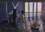  1boy 1girl abandoned arms_at_sides black_hair box cardboard_box commentary_request crack cracked_wall curtains flood highres indoors izayoi_(i34i22w) jitome letter no_mouth original petals petals_on_liquid plant potted_plant rabbit_boy shorts teruterubouzu vines wading water 