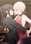  2girls black_choker black_hair black_suit blonde_hair blush choker commentary_request dress eye_contact hair_ribbon highres inoue_takina long_hair looking_at_another lycoris_recoil multiple_girls musihara nishikigi_chisato open_mouth ponytail purple_eyes red_dress red_eyes ribbon short_hair suit yuri 