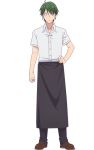  1boy ahoge akizuki_kouyou anime_coloring apron arm_at_side black_apron black_pants blend_s brown_shoes buttons closed_mouth collared_shirt constricted_pupils expressionless full_body green_hair hand_on_own_hip invisible_floor male_focus official_art pants shirt shoes short_hair short_sleeves simple_background solo standing straight-on tachi-e transparent_background variant_set_available very_short_hair waist_apron white_shirt 