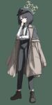  1girl absurdres arm_across_waist black_eyes black_hair blue_archive brown_coat brown_halo brown_shoes coat coat_on_shoulders commentary diagonal-striped_clothes diagonal-striped_necktie dress_shirt elbow_on_arm full_body green_background green_hat halo hand_on_own_chin hat highres hiromi_(blue_archive) looking_at_viewer necktie pants peaked_cap shirt shoes short_hair simple_background solo standing striped_clothes striped_necktie striped_pants suspender_pants sztxra untranslatable_commentary vertical-striped_clothes vertical-striped_pants white_shirt 