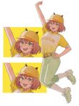  1girl :d arm_up baseball_cap baseball_uniform belt blonde_hair cleats commentary_request different_zoom_layer green_eyes green_pants hand_on_own_hip hat highres honma_himawari horned_hat koinko_(hunjinwashow) looking_at_viewer nijisanji nijisanji_koshien official_alternate_costume official_art open_mouth orange_belt orange_hair pants print_shirt shirt short_hair short_sleeves simple_background smile sportswear virtual_youtuber white_background yellow_shirt zoom_layer 
