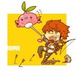  1boy arrow_(projectile) belt_buckle belt_pouch bow_(weapon) buckle character_name chibi chibi_only commentary_request creature facial_hair flailing flying_sweatdrops full_body goatee goggles goggles_around_neck green_pants hair_between_eyes holding holding_bow_(weapon) holding_weapon looking_at_creature male_focus motimamire open_mouth pants planted planted_arrow pouch red_hair sekaiju_no_meikyuu sekaiju_no_meikyuu_4 short_hair sniper_(sekaiju) sniper_3_(sekaiju) solo sweat teeth upper_teeth_only weapon white_background yellow_background yellow_eyes 