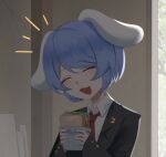  1girl animal_ears black_jacket blazer blue_hair closed_eyes collared_shirt commentary eating english_commentary facing_viewer floppy_ears food holding holding_food holding_sandwich jacket long_sleeves necktie no_noru notice_lines open_mouth rabbit_ears rabbit_girl red_necktie reisen_(touhou_bougetsushou) sandwich shirt short_hair smile solo touhou upper_body white_shirt 