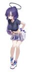  1girl absurdres black_halo black_panties blue_archive bralines breasts clothes_pull commentary_request full_moon gym_shirt halo highres large_breasts long_hair looking_at_viewer mechanical_halo midriff moon navel official_alternate_costume panties purple_eyes purple_hair shirt shoes simple_background skirt skirt_pull solo sukoyaka_konbu sweat sweat_stain sweaty_clothes underwear unzipped very_long_hair white_background white_shoes white_skirt yuuka_(blue_archive) yuuka_(track)_(blue_archive) 