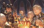  3boys 3girls animal_ears armor beard blonde_hair braid brown_hair cat_ears chilchuck_tims closed_eyes closed_mouth commentary dungeon_meshi dwarf elf facial_hair fake_horns falin_touden food full_beard green_eyes halfling helmet highres holding holding_spoon holding_staff horned_helmet horns izutsumi laios_touden long_beard mage_staff marcille_donato multiple_boys multiple_girls open_mouth pointy_ears senshi_(dungeon_meshi) short_hair spoon staff twin_braids yellow_eyes yumitang 