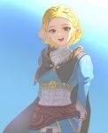  1girl arms_behind_back black_cape black_gloves blonde_hair blue_eyes blue_shirt cape clothing_request commentary cowboy_shot fingerless_gloves gloves hair_ornament hairclip happy highres long_sleeves looking_at_viewer open_mouth pointy_ears princess_zelda q_ofttt shirt short_hair smile solo teeth the_legend_of_zelda the_legend_of_zelda:_tears_of_the_kingdom triforce untranslatable_commentary upper_body 