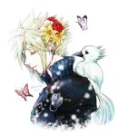  1boy animal_on_shoulder armor bird bird_on_shoulder birthday black_sleeves black_vest blonde_hair bug butterfly chest_strap closed_eyes closed_mouth cloud_strife commentary_request earrings fenrir_(ff7) final_fantasy final_fantasy_vii final_fantasy_vii:_advent_children flower hair_flower hair_ornament happy_birthday jewelry light_smile lily_(flower) male_focus pauldrons pink_butterfly purple_butterfly red_flower ribbed_vest short_hair shoulder_armor single_earring single_pauldron single_sleeve solo spiked_hair twitter_username vest white_background white_flower yellow_flower you_(blacknwhite) 