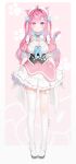  1girl ahoge animal_ears badge bell belt black_corset blue_bow blue_hair blue_ribbon blush bow bow_legwear braid breasts button_badge cat_ears cat_girl cat_hair_ornament cat_tail cleavage closed_mouth colored_inner_hair commentary_request corset dress extra_ears eyelashes garter_straps ghost_hair_ornament gloves hair_bow hair_intakes hair_ornament hairclip heart heart_print highres indie_virtual_youtuber jingle_bell large_breasts long_hair looking_at_viewer maid maid_headdress multicolored_hair neck_bell neck_ribbon official_art paw_print paw_print_background pink_background pink_bow pink_dress pink_eyes pink_hair pink_tail revision ribbon shoes single_garter_strap single_thighhigh smile solo star_(symbol) star_hair_ornament suspenders tail tail_bell tail_ornament tail_ribbon thigh_belt thigh_strap thighhighs thighs two-tone_hair two_side_up virtual_youtuber white_belt white_dress white_garter_straps white_gloves white_shoes white_thighhighs yuuki_hagure yuuki_sakuna yuuki_sakuna_(3rd_costume) 