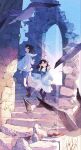  1boy 1girl abandoned ascending beach bird black_hair blue_eyes blue_sky blue_theme building check_commentary cloud column commentary_request dilapidated flying highres hinata_(echoloveloli) jacket looking_back matching_outfits original outdoors overgrown pantyhose pillar rubble ruins scenery seabird seagull shorts sky stairs wind wind_lift 