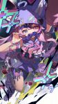  1girl abstract_background animal_ears arm_garter arm_up belt blue_eyes blue_nails claw_pose colorful_background commentary_request commission dress fake_animal_ears fake_eyebrows fake_facial_hair fake_mustache frills glitch hat heterochromia highres hood_ornament jewelry knee_up long_hair looking_at_viewer metatarou mouth_hold nail_polish original pink_eyes pink_hair pink_nails purple_dress purple_hair purple_hood purple_shoes ring shoes skeb_commission skirt solo star_(symbol) studded_belt studs thigh_strap thighs 