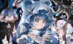  1girl animal_ear_headwear animal_ears bear_ears blue_eyes blue_fire blue_hair blunt_bangs candle chinese_commentary closed_mouth collarbone commentary_request crystal_ball expressionless fake_animal_ears fire fortune_teller hands_up hanging_light highres keli_ng_ng lilika_(keli_ng_ng) long_hair looking_at_viewer m!land neck_warmer original portrait procreate_(medium) sideways_glance solo split_mouth stained_glass star_pendant veil white_neck_warmer white_veil 
