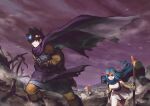  2boys 2girls armor bag bare_tree belt belt_buckle black_bag black_belt black_boots black_gloves black_hair blue_cape blue_hair boots bracelet breastplate breasts brown_belt buckle cape cleavage closed_mouth cloud cloudy_sky commentary_request cowboy_shot dragon_quest dragon_quest_iii dress elbow_gloves eyelashes fantasy feet_out_of_frame fingerless_gloves floating floating_cape forehead from_side gem gloves glowing grey_tunic hair_between_eyes hand_up headband hero_(dq3) highres holding holding_map holding_staff jacket jewelry jun_(navigavi) knee_boots large_breasts long_hair looking_to_the_side map martial_artist_(dq3) merchant_(dq3) multiple_boys multiple_girls nose open_mouth outdoors pants pink_hair pointing pointing_to_the_side ponytail purple_cape purple_sky red_eyes roto_(dq3) sage_(dq3) scabbard scar scar_on_chin scar_on_face serious sheath sheathed shield shield_on_back short_hair shoulder_bag sky staff standing sword sword_on_back teeth tree tunic upper_body vambraces weapon weapon_on_back white_dress yellow_gloves yellow_jacket yellow_pants 