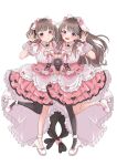  2girls :d animification arm_up black_pantyhose bow brown_hair closed_mouth commentary_request fishnet_pantyhose fishnets frilled_skirt frills fujishima_megumi full_body hair_bow high_heels highres holding holding_microphone leg_up looking_at_viewer love_live! love_live!_hasu_no_sora_jogakuin_school_idol_club microphone microphone_to_viewer miniskirt multiple_girls open_hand open_mouth pantyhose pink_eyes pink_skirt purple_eyes real_life roku_aya_fuyu shirt shoes simple_background single_leg_pantyhose skirt smile tsukine_kona two_side_up virtual_youtuber voice_actor voice_actor_connection white_background white_bow white_shirt white_shoes yappa_tenshi! 