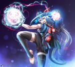  1girl :d absurdres animal_ears artist_name black_gloves black_shorts black_thighhighs blue_eyes blue_jacket commission commissioner_upload cosplay dota_(series) dota_2 fingerless_gloves gloves grey_hair hat highres horse_ears horse_girl horse_tail jacket lightning long_hair non-web_source shorts single_sleeve smile solo stirrup_legwear storm_spirit_(dota_2) storm_spirit_(dota_2)_(cosplay) straw_hat tail tamamo_cross_(umamusume) the_raineman thighhighs toeless_legwear toes umamusume 