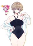  2girls akiyama_enma bare_legs bare_shoulders bikini black_eyes black_one-piece_swimsuit bow breasts brown_hair chibi colored_bangs commentary_request cross-laced_clothes cross-laced_one-piece_swimsuit earrings hat hat_bow highres jewelry kizaki_momone large_breasts multicolored_hair multiple_girls noa-senpai_wa_tomodachi. one-piece_swimsuit pink_hair purple_eyes red_bikini saotome_noa shirt shirt_partially_removed short_hair sun_hat swimsuit two-tone_hair white_background white_shirt 