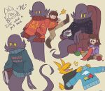  1girl 2boys :3 :p ;p a_hat_in_time alternate_costume armchair bad_id bad_tumblr_id black_eyes black_shirt black_sweater blue_sweater book boots brown_background brown_boots brown_hair brown_pants butterfly_sitting carrying carrying_under_arm chair child closed_mouth commentary conductor_(a_hat_in_time) cup double_v english_commentary english_text fewer_digits ghost hands_up hat_kid holding holding_book holding_cup holding_sweater holding_unworn_clothes jitome katlotl knitting leg_up long_sleeves looking_at_another looking_down medium_hair missing_headwear mug multiple_boys notice_lines one_eye_closed open_mouth pants ponytail purple_sweater red_sweater shirt sidelocks signature sitting smile snatcher_(a_hat_in_time) star_(symbol) starry_sky_print sweater tongue tongue_out train_print v yarn yarn_ball yellow_eyes 