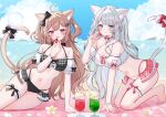  2girls absurdres ahoge all_fours animal_ears bare_shoulders bikini bikini_skirt black_bikini bow breasts brown_hair cat_ears cat_girl cat_tail choker cleavage commentary_request cup detached_sleeves drinking_glass fang frilled_thigh_strap hair_bow halterneck hand_up highres hurricane_glass kuroyuki_0713 long_hair looking_at_viewer medium_breasts multi-strapped_bikini_bottom multiple_girls navel open_mouth original outdoors plaid_bikini plaid_clothes red_choker red_eyes short_sleeves smile stomach string_bikini swimsuit tail tail_bow tail_ornament thigh_strap thighs two_side_up very_long_hair white_bikini white_hair 