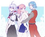  3girls ahoge ball belt billiard_ball black_belt black_skirt blue_dress blue_eyes blue_hair blush brown_eyes chiebukuro_setsuka closed_mouth collared_shirt commentary_request danganronpa_another dress feather_boa hair_between_eyes hair_ornament hair_over_one_eye hair_rings jewelry kabuya_yoruko long_hair long_sleeves low_ponytail multiple_girls neckerchief one_eye_closed open_mouth pants pink_hair ponytail purple_eyes red_pants red_vest sailor_collar school_uniform scrunchie serafuku shirt short_hair short_sleeves side_ponytail simple_background single_hair_ring skirt smile sora_(super_danganronpa_another_2) striped_clothes super_danganronpa_another_2 swept_bangs very_long_hair vest white_hair white_shirt yoon346974 