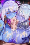 0nineo9 1boy 2girls absurdres black_nails blue_eyes blue_skin blush breasts bukkake colored_skin commentary commission cooperative_fellatio cooperative_paizuri cum cum_bubble cum_in_mouth cum_on_body cum_on_breasts cum_on_hair cum_on_penis cum_on_tongue excessive_cum facial fangs fate/grand_order fate_(series) fellatio ffm_threesome group_sex heart heart-shaped_pupils hetero highres kali_(fate) kama_(adult)_(fate) kama_(fate) kama_(swimsuit_avenger)_(third_ascension)_(fate) large_breasts large_penis licking licking_penis lipstick long_tongue looking_at_penis looking_at_viewer makeup multiple_girls navel nipples oral paizuri penis pov purple_lips smile symbol-shaped_pupils teamwork_(sexual) third_eye threesome tongue tongue_out uncensored white_hair yellow_eyes yellow_nails 