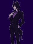  1boy absurdres animal_ears black_bow black_bowtie black_nails black_pants black_suit bow bowtie buck_teeth commentary_request facial_hair feet_out_of_frame hand_in_pocket highres iyami male_focus midopisandayo mustache osomatsu-san osomatsu_(series) pants purple_shirt shirt short_hair simple_background standing suit tail teeth 