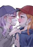  2girls 4ding backlighting black_hat blue_hoodie blush commentary eye_contact green_eyes grey_sweater hat highres hood hood_down hoodie long_sleeves looking_at_another love_live! love_live!_superstar!! mask mask_pull mouth_mask multiple_girls nervous_sweating nose_blush noses_touching open_mouth orange_hair purple_eyes purple_hair red_hat shibuya_kanon simple_background sweat sweater teeth twitter_username upper_body upper_teeth_only v-shaped_eyebrows white_background white_mask wien_margarete yuri 